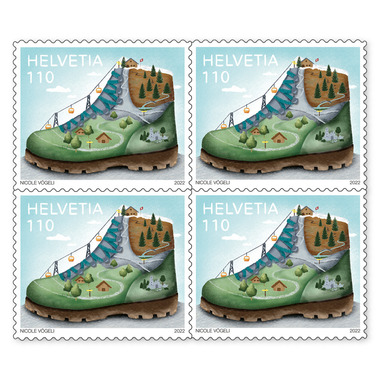 Quartina «Escursionismo – lo sport popolare» Quartina (4 francobolli, valore facciale CHF 4.40), autoadesiva, senza annullo