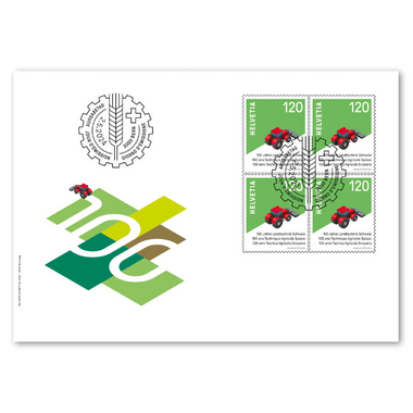Enveloppe du jour d'émission «100 ans Technique Agricole Suisse» Bloc de quatre (4 timbres, valeur d'affranchissement CHF 4.80) sur enveloppe du jour d'émission (FDC) C6