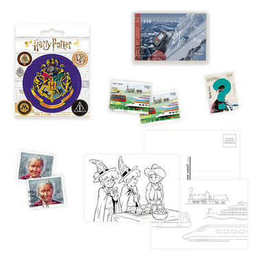 «Phila & Franco» Briefmarkenset für Kinder, DE, 3/22 20-seitiges Set, 6 Briefmarken (3 gestempelt, 3 ungestempelt – davon 1 portugiesische Harry Potter Briefmarke), 3 Postkarten, 1 Harry Potter Stickerbogen