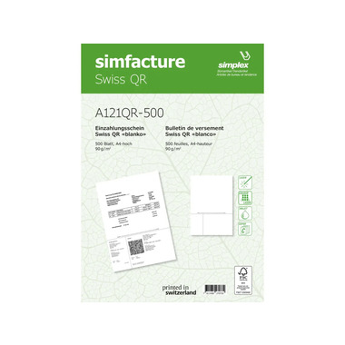 SIMPLEX Simfacture Swiss QR FSC, 500 foglio (90g) SWISS QR - bollettino di versamento QR FSC, A4, A121QR-50, universale, 90g - 500 foglio