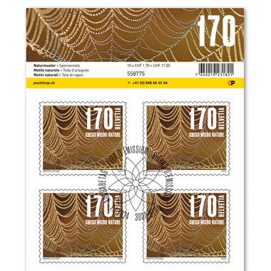 Briefmarken CHF 1.70 «Spinnennetz», Bogen mit 10 Marken Bogen «Naturmuster», selbstklebend, gestempelt