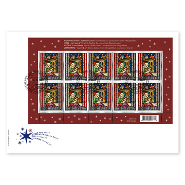 Enveloppe du jour d'émission «Noël – Art sacré» Feuille miniature «Crèche» (10 timbres, valeur d'affranchissement CHF 11.00) sur enveloppe du jour d'émission (FDC) C5