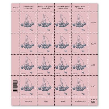 Stamps CHF 1.10 «Whitebeam berries», Sheet with 16 stamps Sheet «Tree fruits», gummed, mint