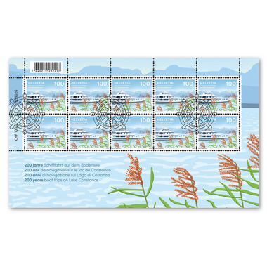 Stamps CHF 1.00 «200 years boat trips on Lake Constance», Sheetlet with 10 stamps Sheet «200 years boat trips on Lake Constance», gummed, cancelled