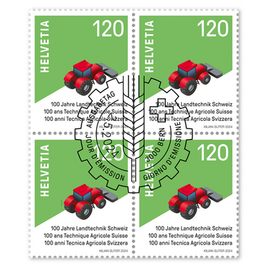 Bloc de quatre «100 ans Technique Agricole Suisse» Bloc de quatre (4 timbres, valeur d'affranchissement CHF 4.80), gommé, oblitéré