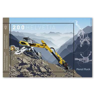 Stamp CHF 2.00 «Swiss inventions – Menzi Muck», Miniature sheet Miniature sheet of CHF 2.00, gummed, mint