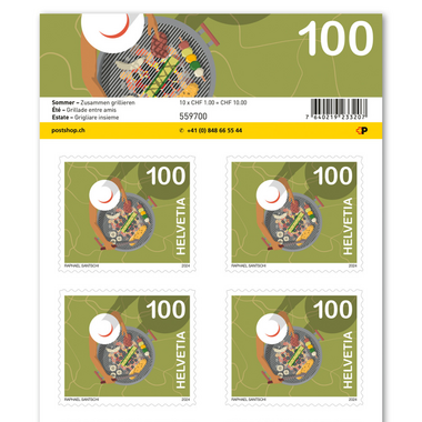 Briefmarken CHF 1.00 «Zusammen grillieren», Bogen mit 10 Marken Bogen «Sommer», selbstklebend, ungestempelt