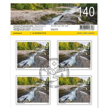 Stamps CHF 1.40 «Kleine Emme LU», Sheet with 10 stamps Sheet «Swiss river landscapes», self-adhesive, cancelled