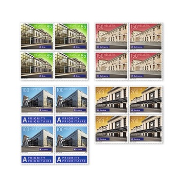 Série de blocs de quatre «Gares suisses» Série de blocs de quatre (16 timbres, valeur d'affranchissement CHF 21.40), autocollant, non oblitéré