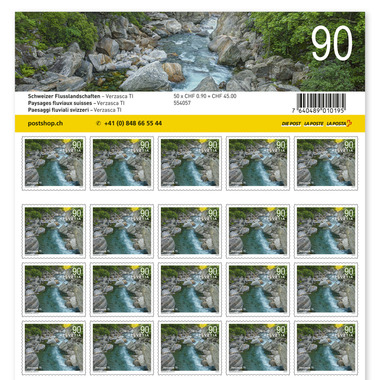 Timbres CHF 0.90 «Verzasca TI», Feuille de 50 timbres Feuille «Paysages fluviaux suisses», autocollant, non oblitéré