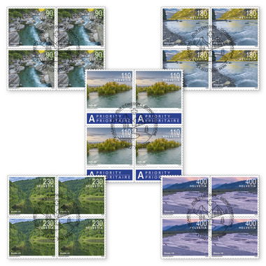 Série de blocs de quatre «Paysages fluviaux suisses» Série de blocs de quatre (20 timbres, valeur d'affranchissement CHF  40.40), autocollant, oblitéré
