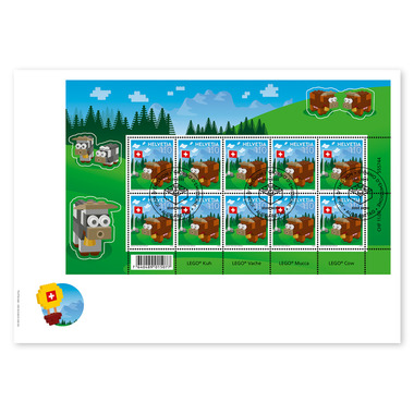 Enveloppe du jour d'émission «LEGO» Feuille miniature «Vache» (10 timbres, valeur d'affranchissement CHF 11.00) sur enveloppe du jour d'émission (FDC) C5