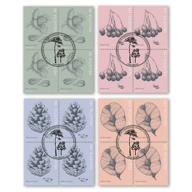 Set of blocks of four «Tree fruits» Set of blocks of four (16 stamps, postage value CHF 24.40), gummed, cancelled