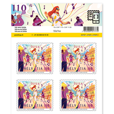 Timbres CHF 1.10 «100 ans de SUISA», Feuille de 10 timbres Feuille «100 ans de SUISA», autocollant, non oblitéré