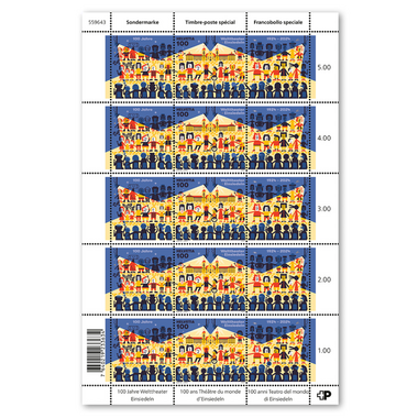 Briefmarken CHF 1.00 «100 Jahre Welttheater Einsiedeln», Bogen mit 5 Marken Bogen «100 Jahre Welttheater Einsiedeln», gummiert, ungestempelt