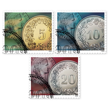 Francobolli Serie «Monete» Serie (3 francobolli, valore facciale CHF 0.35), autoadesiva, con annullo