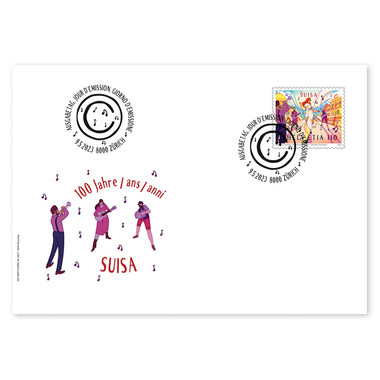 Enveloppe du jour d'émission «100 ans de SUISA» Timbre isolé (1 timbre, valeur d'affranchissement CHF 1.10) sur enveloppe du jour d'émission (FDC) C6