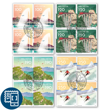 Série de blocs de quatre «Attractions de Suisse» Série de blocs de quatre (16 timbres, valeur d'affranchissement CHF 26.40), autocollant, oblitéré