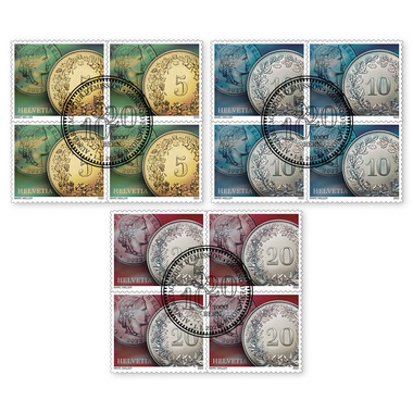 Série de blocs de quatre «Pièces de monnaie » Série de blocs de quatre (12 timbres, valeur d'affranchissement CHF 1.40) autocollant, oblitéré