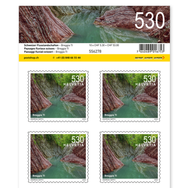 Stamps CHF 5.30 «Breggia TI», Sheet with 10 stamps Sheet «Swiss river landscapes», self-adhesive, mint