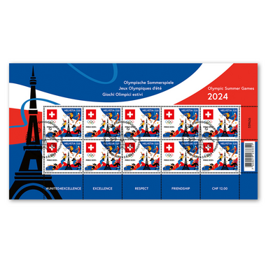 Timbres CHF 1.20 «Jeux Olympiques d’été Paris 2024», Feuille miniature de 10 timbres Feuille «Jeux Olympiques d’été Paris 2024», autocollant, oblitéré