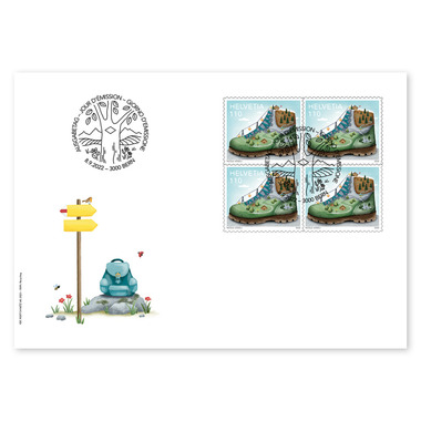 Busta primo giorno «Escursionismo – lo sport popolare» Quartina (4 francobolli, valore facciale CHF 4.40)su busta primo giorno (FDC) C6