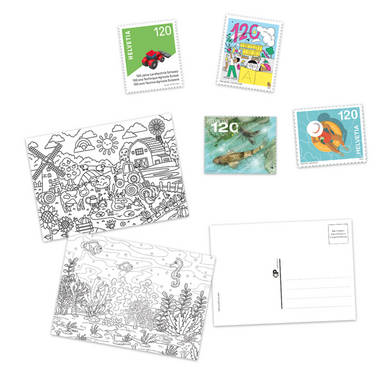 «Phila & Franco» stamp set for children, DE, 2/24 20-page set, 7 Stamps (postage value CHF 8.20, 1 cancelled, 6 mint), 3 Postcards