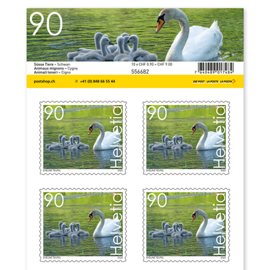 Timbres CHF 0.90 «Cygne», Feuille de 10 timbres Feuille «Animaux mignons», autocollant, non oblitéré