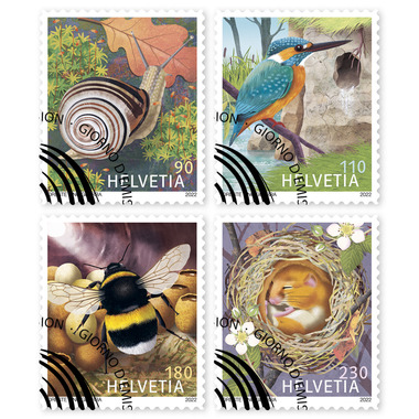Francobolli Serie «Dimore degli animali» Serie (4 francobolli, valore facciale CHF 6.10), autoadesiva, con annullo