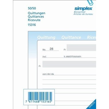 SIMPLEX Quittances A/F/I A6 15316 papier autocopiante 50x2 flls.