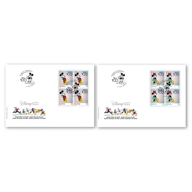 Enveloppe du jour d'émission «100 ans Disney» Série de blocs de quatre (8 timbres, valeur d'affranchissement CHF 8.80) sur 2 enveloppes du jour d'émission (FDC) C6