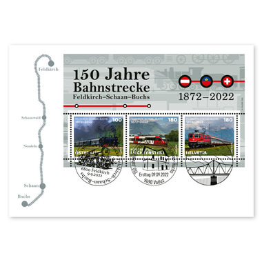 First-day cover Joint issue «150 years Feldkirch–Schaan–Buchs railway line» Miniature sheet (3 stamps, postage value 2x CHF 1.80, 1x EUR 1.00) on first-day cover (FDC) C6