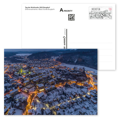 Cartolina postale illustrata affrancata «Giornata del francobollo 2022 Burgdorf» Cartolina illustrata preaffrancata A6, valore facciale CHF 1.10+0.55, senza annullo