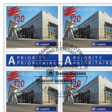 Timbres CHF 1.20 «Surimpression Gare de Lucerne», Feuille de 50 timbres Feuille «Surimpression Gares suisses», autocollant, oblitéré