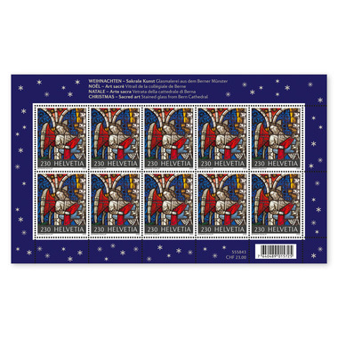 Briefmarken CHF 2.30 «Engel», Kleinbogen mit 10 Marken Bogen «Weihnachten – Sakrale Kunst», gummiert, ungestempelt