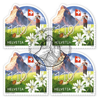 Viererblock «Typisch Schweiz» Viererblock (4 Marken, Taxwert CHF 4.40), selbstklebend, gestempelt