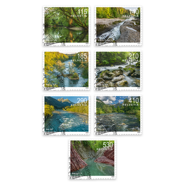 Timbres Série «Paysages fluviaux suisses» Série (7 timbres, valeur d'affranchissement CHF 18.80), autocollant, oblitéré