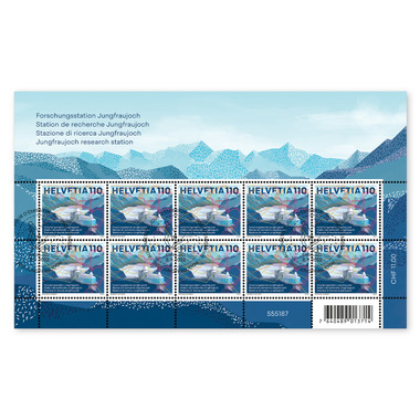 Briefmarken CHF 1.10 «Forschungsstation Jungfraujoch», Kleinbogen mit 10 Marken Bogen «Forschungsstation Jungfraujoch», gummiert, gestempelt