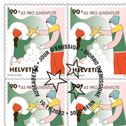 Stamps CHF 0.90+0.45 «Family moments», Sheet with 10 stamps Sheet «Pro Juventute - Stay connected», self-adhesive, cancelled
