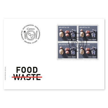 Enveloppe du jour d'émission «Durabilité – Denrées alimentaires» Bloc de quatre (4 timbres, valeur d'affranchissement CHF 4.40) sur enveloppe du jour d'émission (FDC) C6