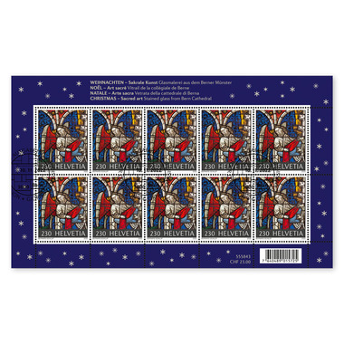 Briefmarken CHF 2.30 «Engel», Kleinbogen mit 10 Marken Bogen «Weihnachten – Sakrale Kunst», gummiert, gestempelt