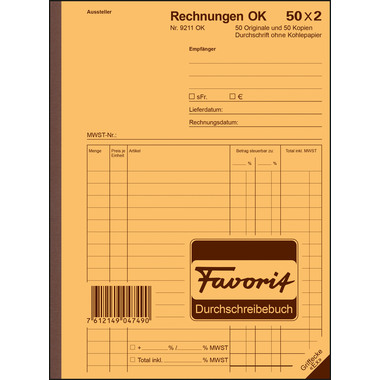 FAVORIT Bloc-notes form. factures A5 9211 OK papier autocopiant 50x2 flls.