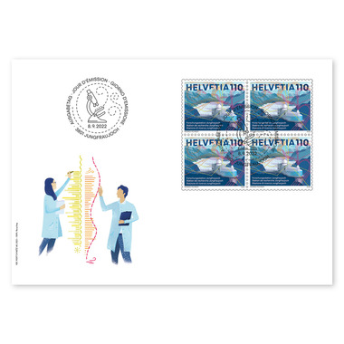 Enveloppe du jour d'émission «Station de recherche Jungfraujoch» Bloc de quatre (4 timbres, valeur d'affranchissement CHF 4.40) sur enveloppe du jour d'émission (FDC) C6