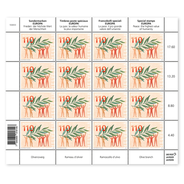 Briefmarken CHF 1.10 «Olivenzweig», Bogen mit 16 Marken Bogen «EUROPA – Frieden: der höchste Wert der Menschheit», gummiert, ungestempelt