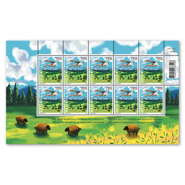 Briefmarken CHF 1.20 «100 Jahre Sonderflug La Caquerelle–Lausanne», Kleinbogen mit 10 Marken Bogen «100 Jahre Sonderflug La Caquerelle–Lausanne», gummiert, ungestempelt