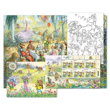 Märchen, Kartenset «Wiese» Kartenset «Wiese», 6 Briefmarken à CHF 1.00, 6 Ausmalkarten, 1 Stickerkarte, 1 Poster A3