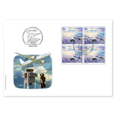 Enveloppe du jour d'émission «100 ans du service de la sécurité aérienne suisse» Bloc de quatre (4 timbres, valeur d'affranchissement CHF 8.40) sur enveloppe du jour d'émission (FDC) C6