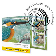 Stamps CHF 1.10 «Common kingfisher», Stamp booklet with 10 stamps Stamp booklet «Animals in their habitats», self-adhesive, cancelled
