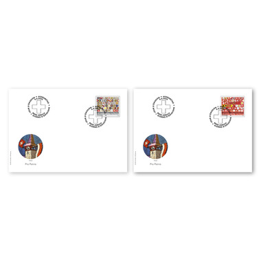 Ersttagsumschlag «Pro Patria – 100 Jahre 1. August Abzeichen» Einzelmarken (2 Marken, Taxwert CHF 2.00+1.00) auf 2 Ersttagsumschlägen (FDC) C6