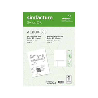 SIMPLEX Simfacture Swiss QR FSC, 500 Blatt (100g) SWISS QR - Einzahlungsschein FSC, A4, A131QR-50, universal, 100g - 500 Blatt